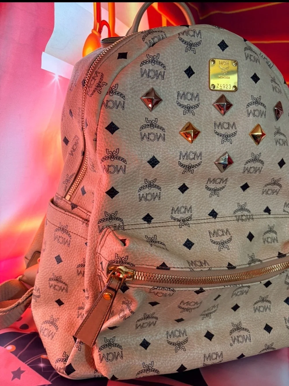 MCM Beige Visetos Logo Studded Backpack with Gold Plaque